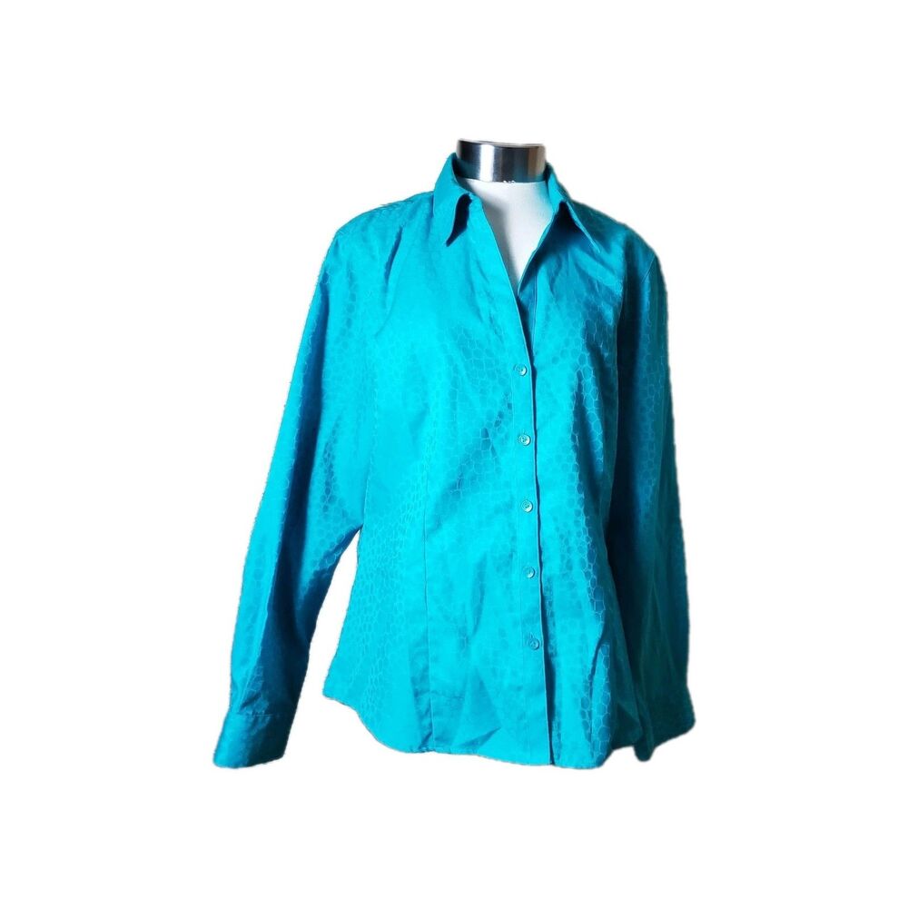 Foxcroft Top Woman Size 14P 100% Cotton Paisley Sleeve Turquoise Nordstom
